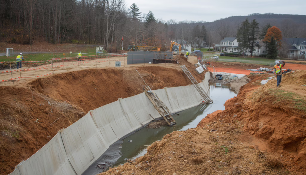 Engineered sediment basin and erosion control system designed to reduce runoff, prevent soil loss, and maintain environmental compliance during site development.