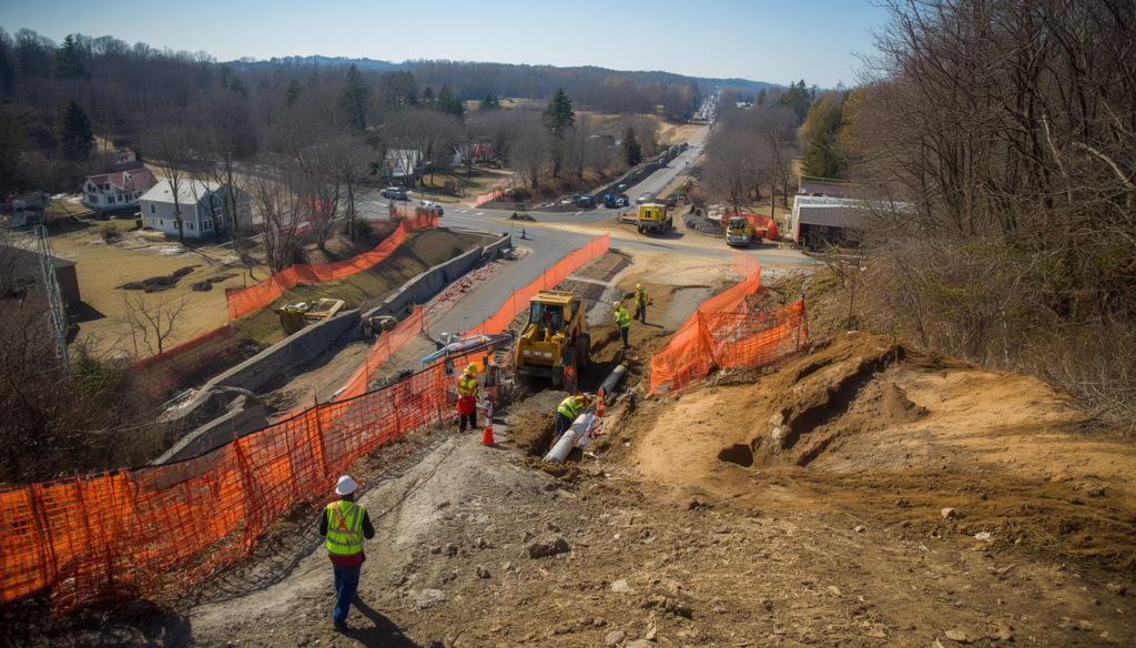 Erosion control measures and orange safety fencing installed along a roadway construction project in Shelton, CT to prevent soil runoff and environmental damage.