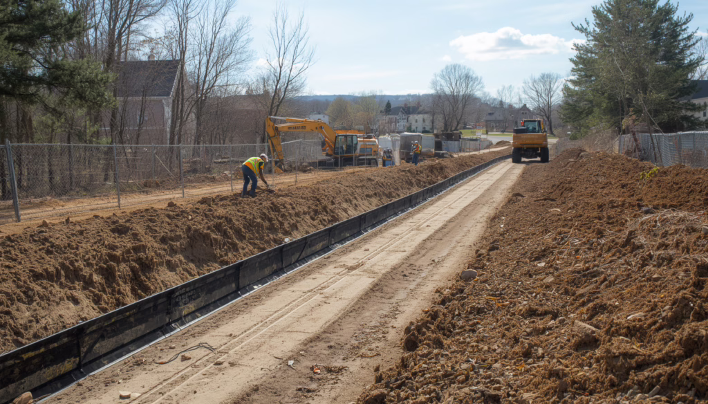 Workers maintaining sediment barriers and erosion prevention systems at a Shelton, CT construction site requiring an erosion control bond for permit compliance.