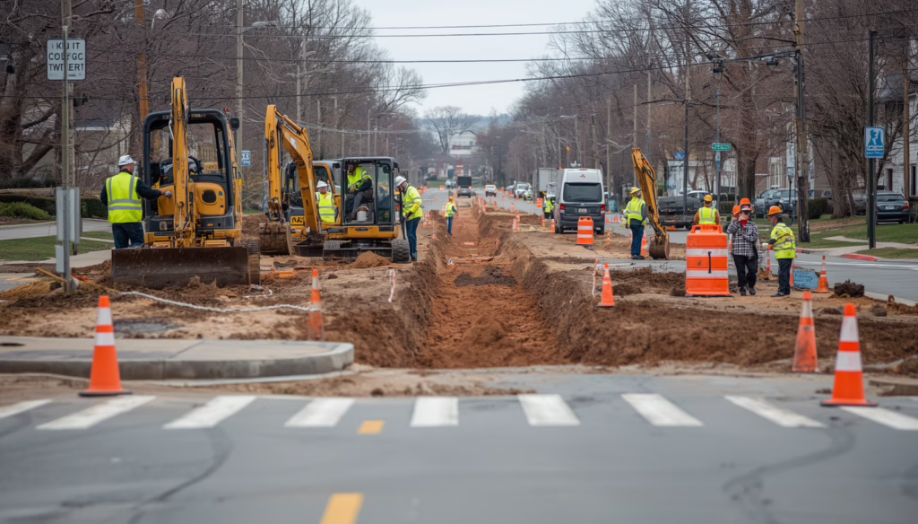 Road excavation crews performing utility trenching and street infrastructure work under a Windsor, CT Street Excavator Bond with traffic control and permit-compliant construction practices.