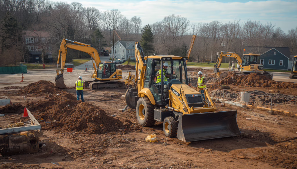 Construction crews operating heavy excavation equipment during a Connecticut site development project requiring an excavating contractor bond.