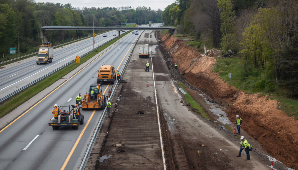 Highway right-of-way construction crew performing roadway improvements under a Farmington, CT Highway Right of Way Work ($5,000) Bond permit.