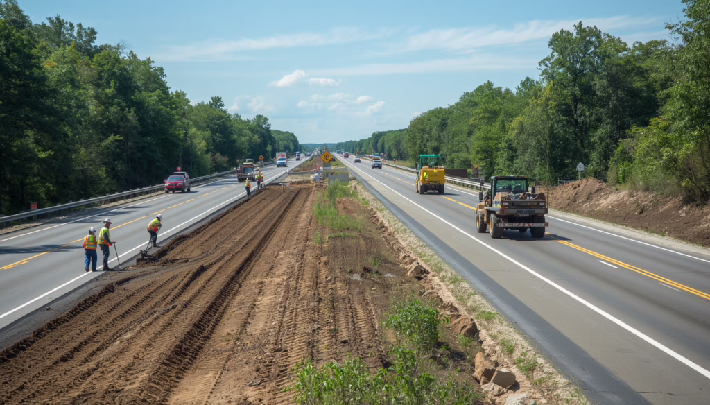 Contractors grading and restoring a highway right-of-way corridor in Farmington, Connecticut while complying with bonded permit requirements.