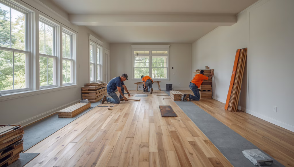 Bonded flooring installation professionals completing residential hardwood flooring projects covered by the Colorado Lumber Liquidators Installation Provider Bond.