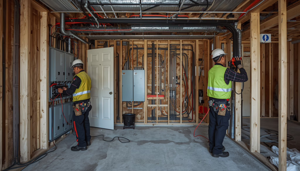 Licensed electricians performing electrical system installation and code-compliant wiring work for a commercial building under a Darien, CT Master Electrician Bond.
