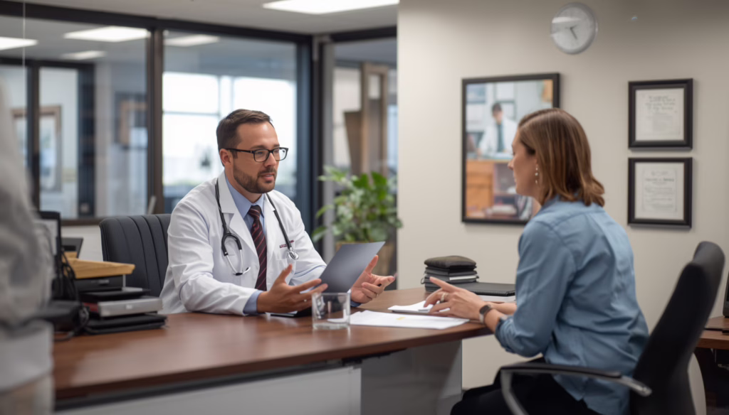 Doctor consulting with a patient about healthcare savings options and Connecticut Medical Discount Plan Bond compliance requirements.