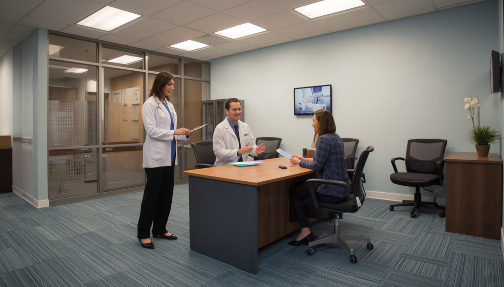 Medical professionals reviewing discount healthcare plans with a client under Connecticut Medical Discount Plan Bond regulations.