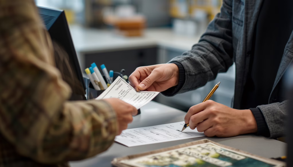 California MEMO Money Order Bond application process with customer submitting payment documents and financial paperwork