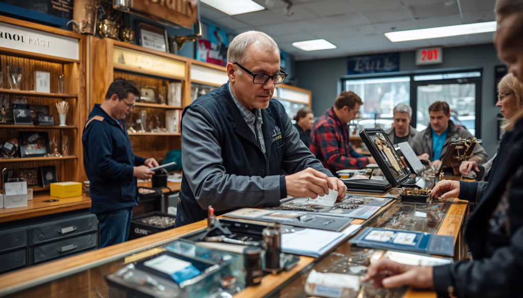 Customers conducting collateral and loan transactions inside a regulated pawn shop, illustrating Connecticut Pawnbroker's License Bond compliance and responsible pawnbroker operations.
