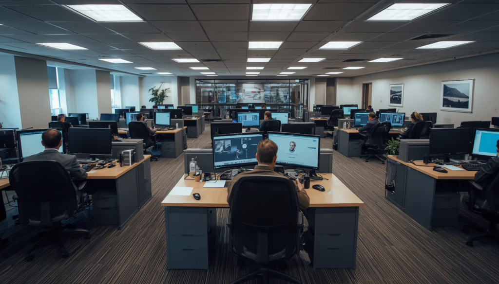 Private security and investigative team coordinating operations in a secure command center compliant with Connecticut Private Detective or Security Service License Bond regulations.