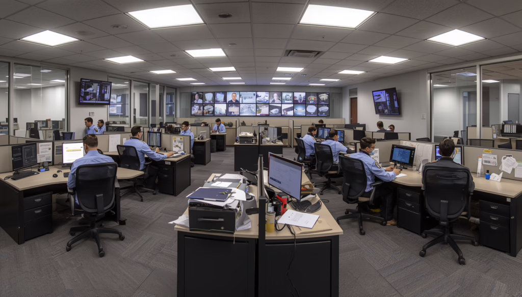Professional surveillance and monitoring office highlighting licensed security personnel and consumer protection standards supported by the Connecticut $10,000 Security Service Bond.