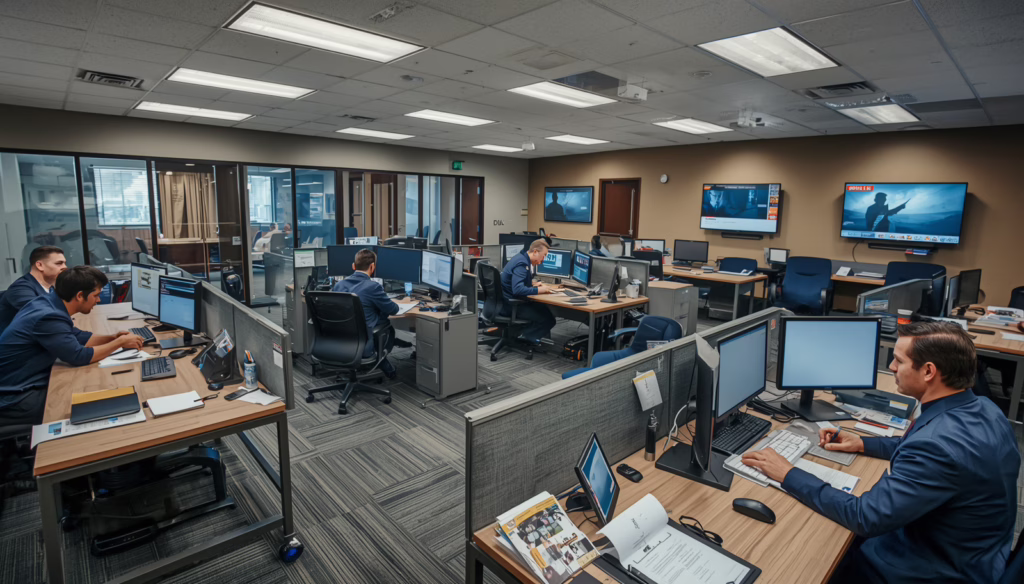 Modern security operations center showcasing private investigators and security professionals working under Connecticut Private Detective or Security Service License Bond requirements.