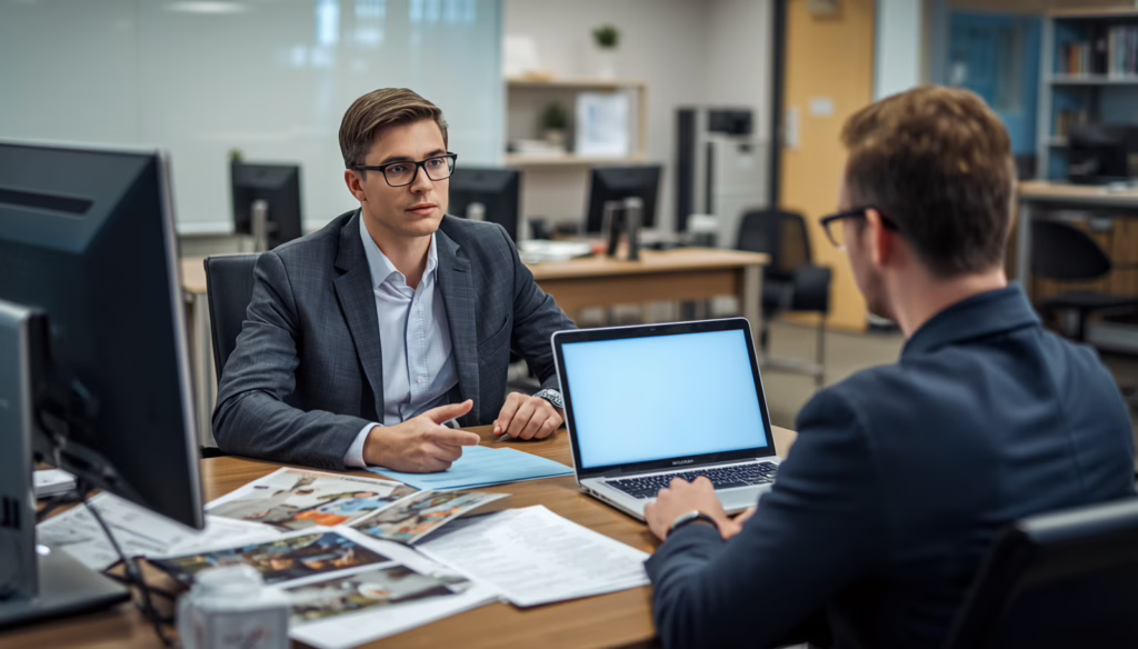 Licensed private occupational school representative meeting with a student applicant to review career training opportunities and school enrollment documentation.