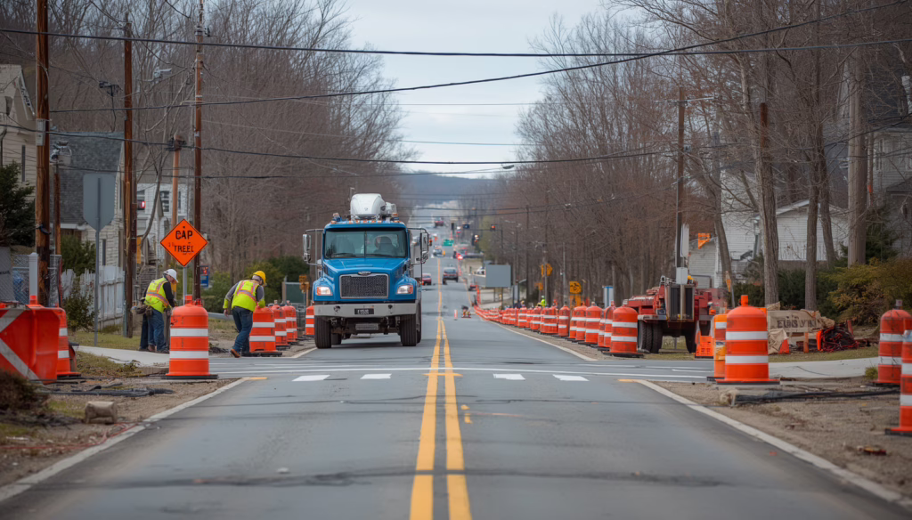 Right-of-way construction project in Connecticut featuring utility work, traffic control measures, and municipal roadway improvements protected by a Right of Way Bond.