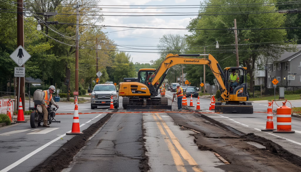 Connecticut road opening permit work featuring utility trenching, excavators, and lane closure safety measures protected by a road opening surety bond.