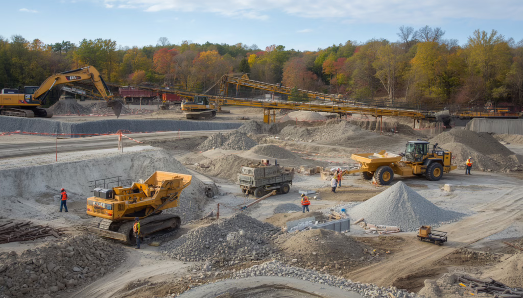 Sand and gravel construction site in Newtown, CT showcasing excavation equipment and aggregate processing operations for permitted construction projects.