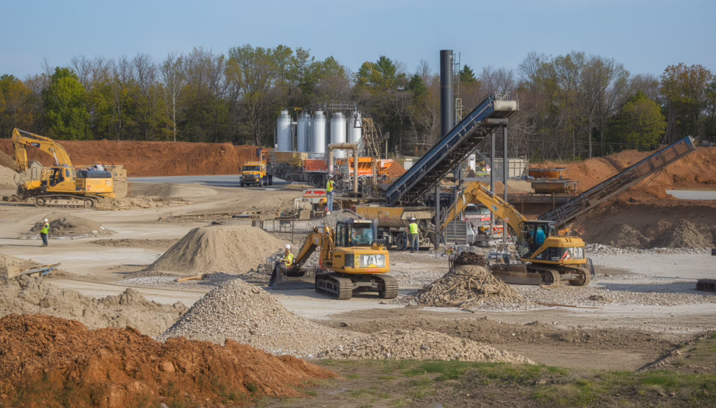 Large-scale sand and gravel construction operation in Newtown, CT with heavy machinery, stockpiled materials, and active site development under permit requirements.