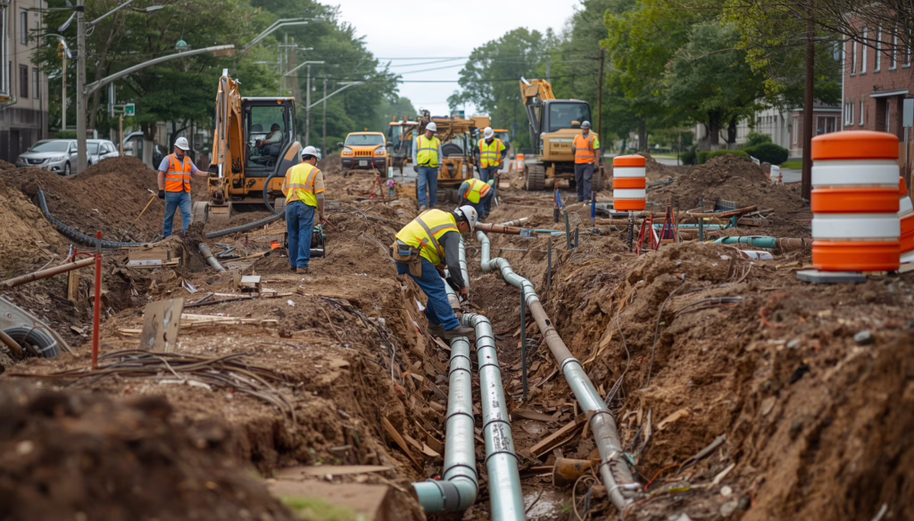 Hamden, CT Sanitary Sewer Contractor ($10,000) Bond contractor installing underground sewer pipes and utility lines during municipal infrastructure construction project.