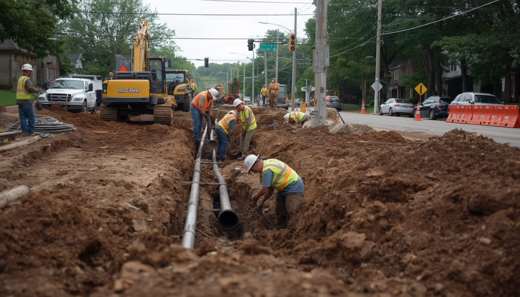 Construction crew performing sanitary sewer installation work in Hamden, CT with trench excavation, pipe placement, and bonded contractor compliance.