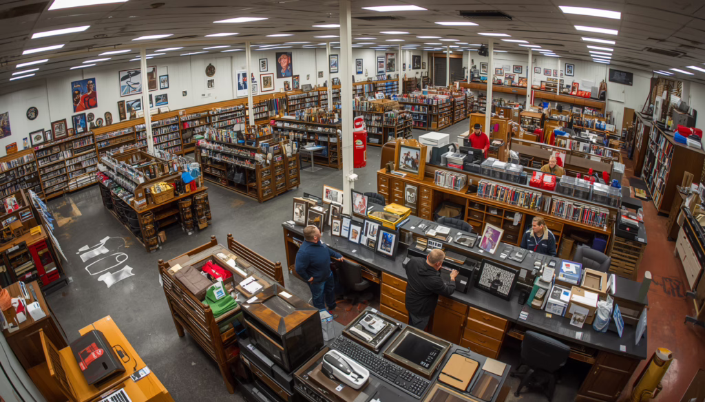 Secondhand dealer retail store displaying used furniture, collectibles, books, and electronics under Connecticut secondhand dealer licensing requirements.