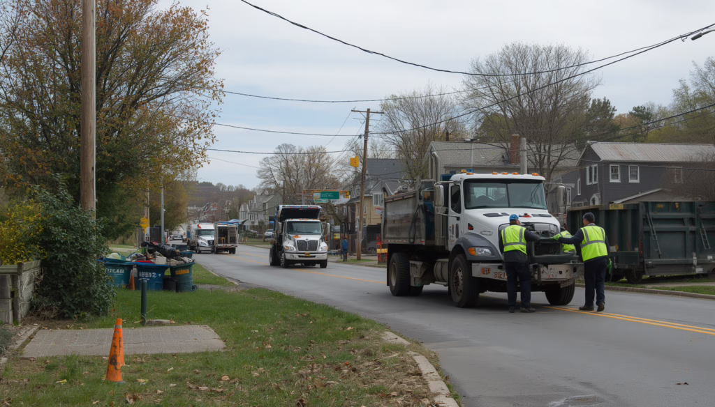 Municipal waste hauler crew servicing residential neighborhoods with commercial garbage collection trucks and waste management equipment.