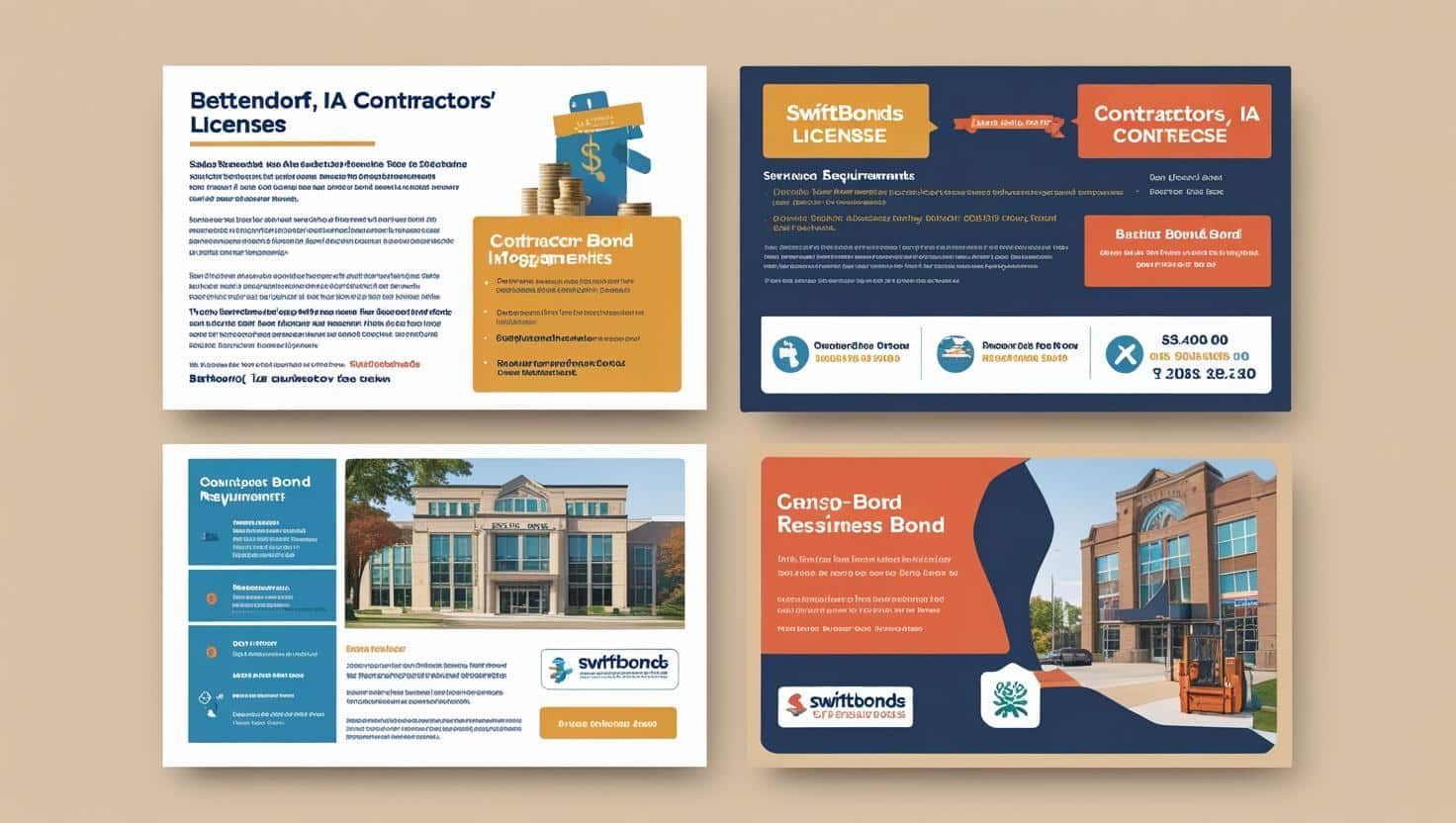 Informational layouts with photos of municipal buildings explaining Bettendorf, IA contractor license bond requirements and application steps.