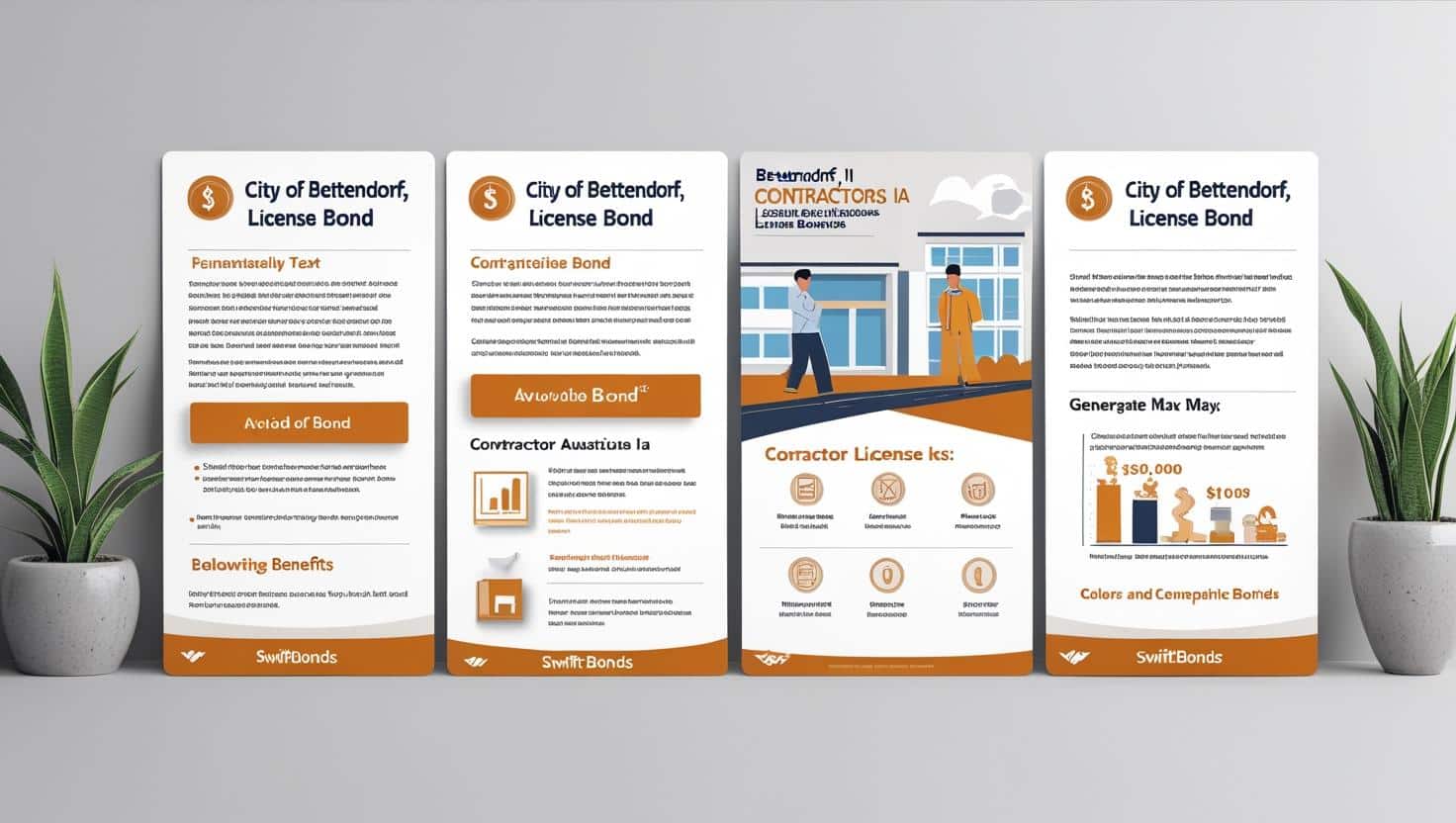 Vertical infographic banners explaining City of Bettendorf contractor license bond details, benefits, and requirements.
