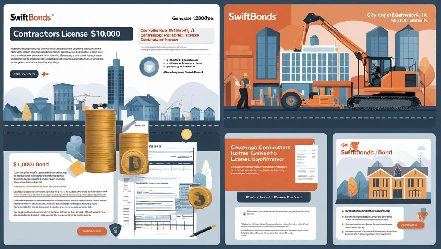Illustrated infographic and construction graphics outlining the ,000 City of Bettendorf contractor license bond process.