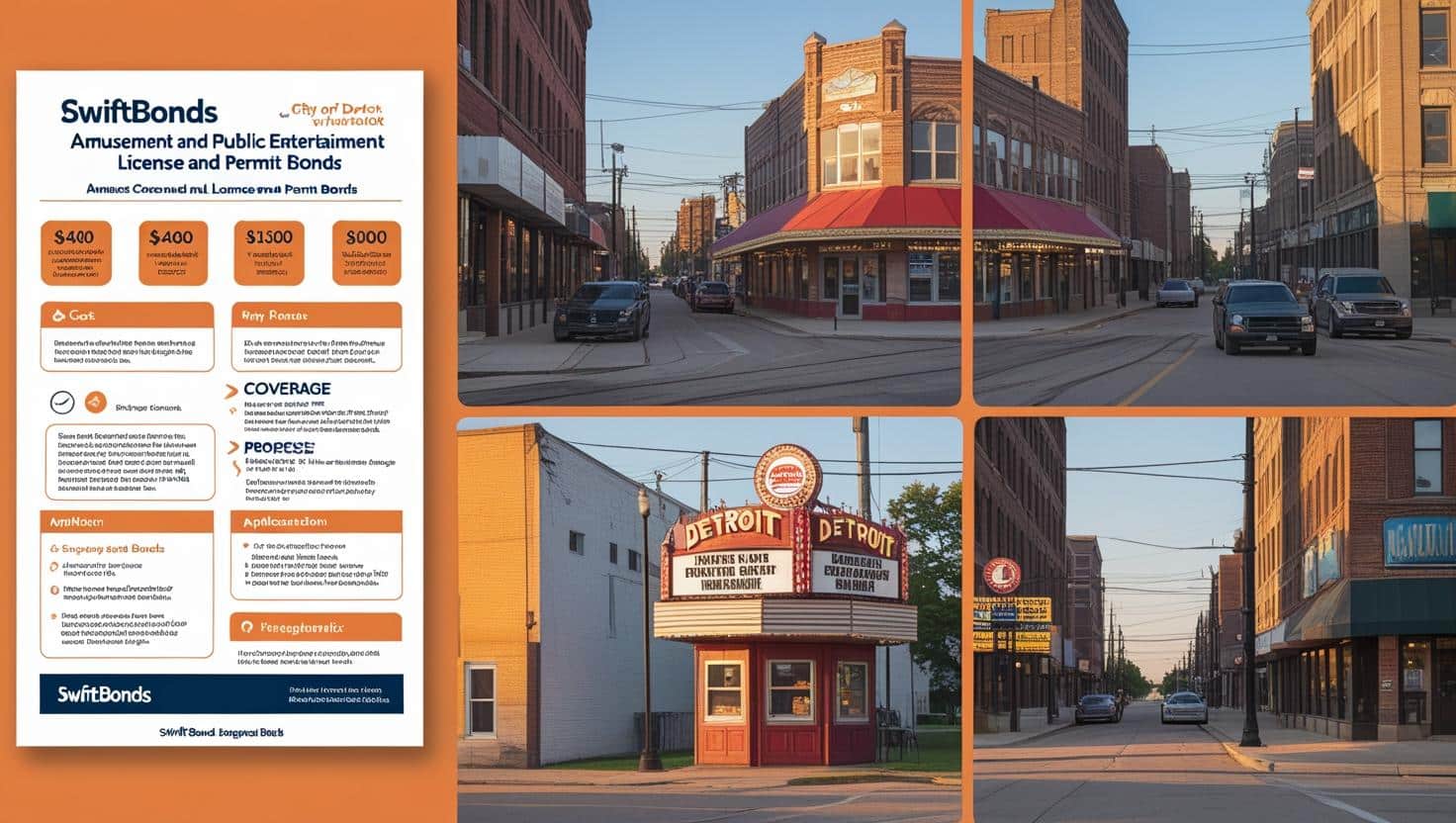 Bond information sheet alongside Detroit city streets and historic theater signs promoting permit compliance.