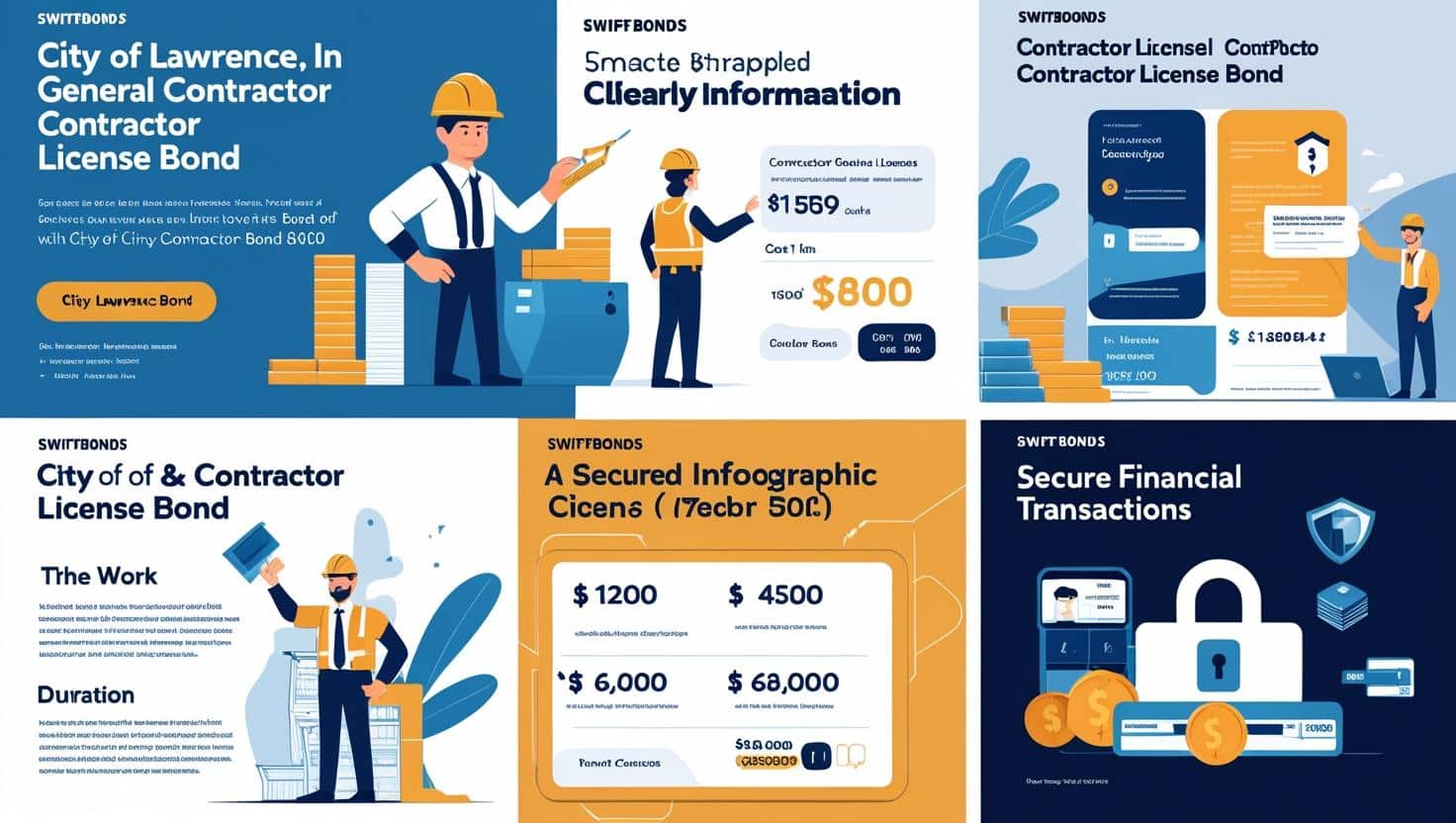 Infographic illustrating City of Lawrence, IN general contractor license bond details with construction visuals.