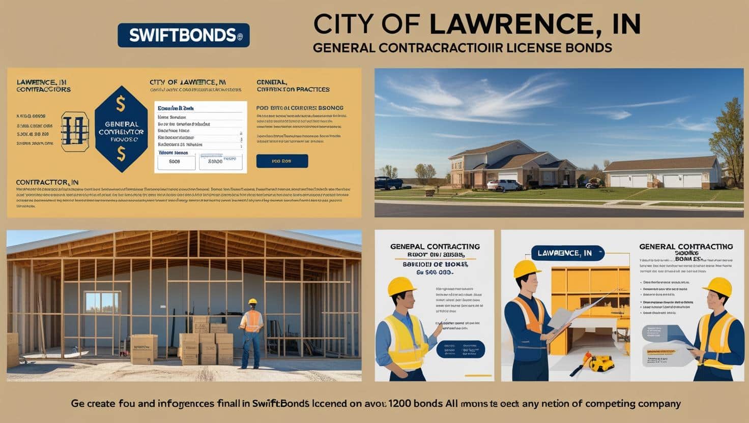 Construction-themed infographic highlighting City of Lawrence, IN contractor bonding information.