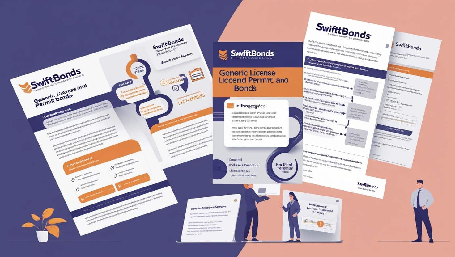 Promotional layout explaining SwiftBonds generic license and permit bonds with benefits and application steps.