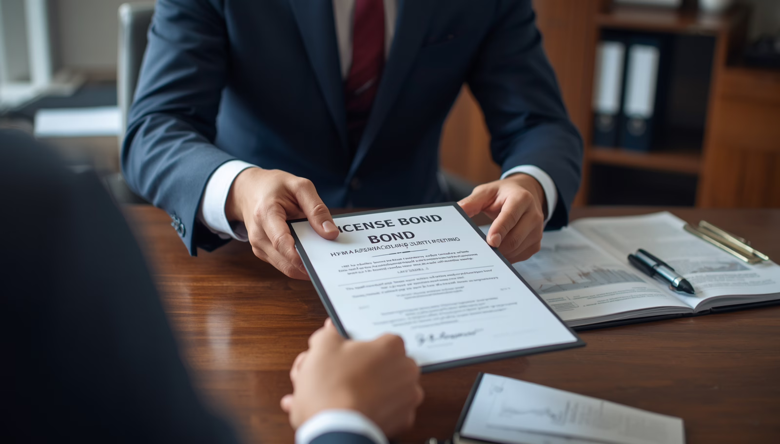 County of Delaware, IN Generic License and Permit Bond application review between a business owner and bonding professional.