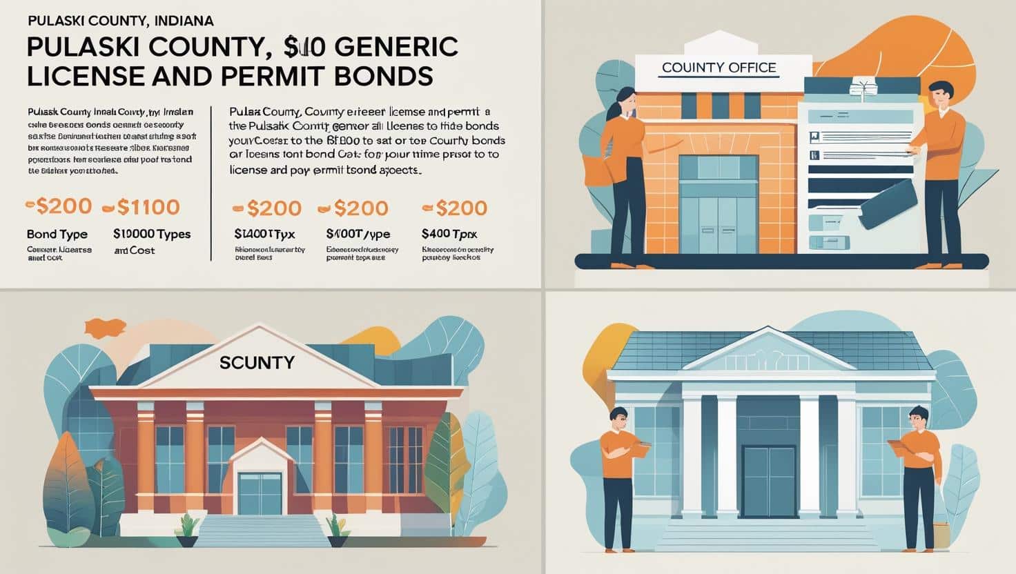 Visual infographic outlining Pulaski County generic license and permit bond costs with illustrations of county offices and officials.
