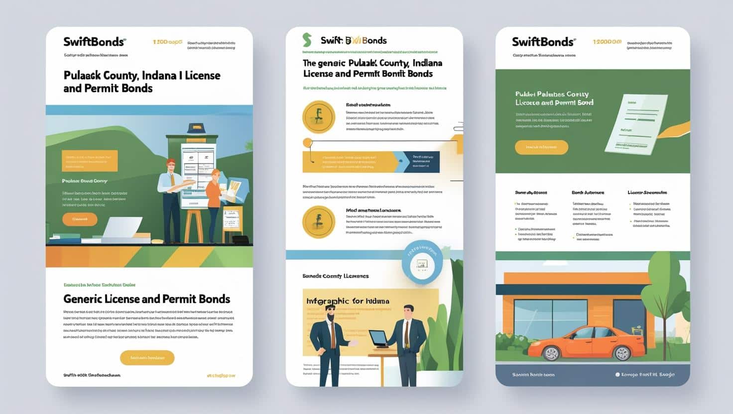Illustrated infographic explaining Pulaski County, Indiana license and permit bond process with visuals of people and documents.