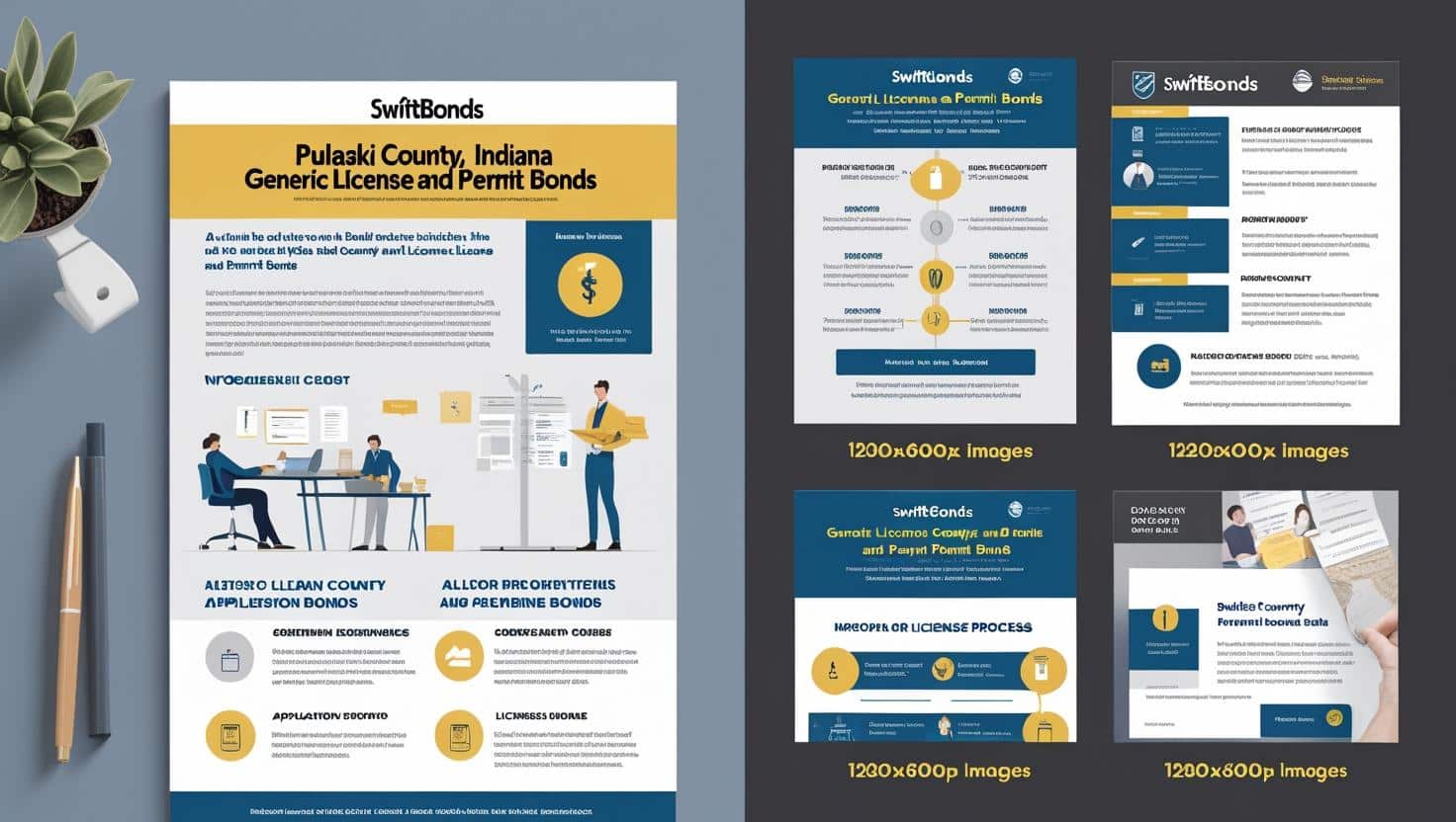 Pulaski County generic license and permit bond infographic featuring business professionals, icons, and application process steps.
