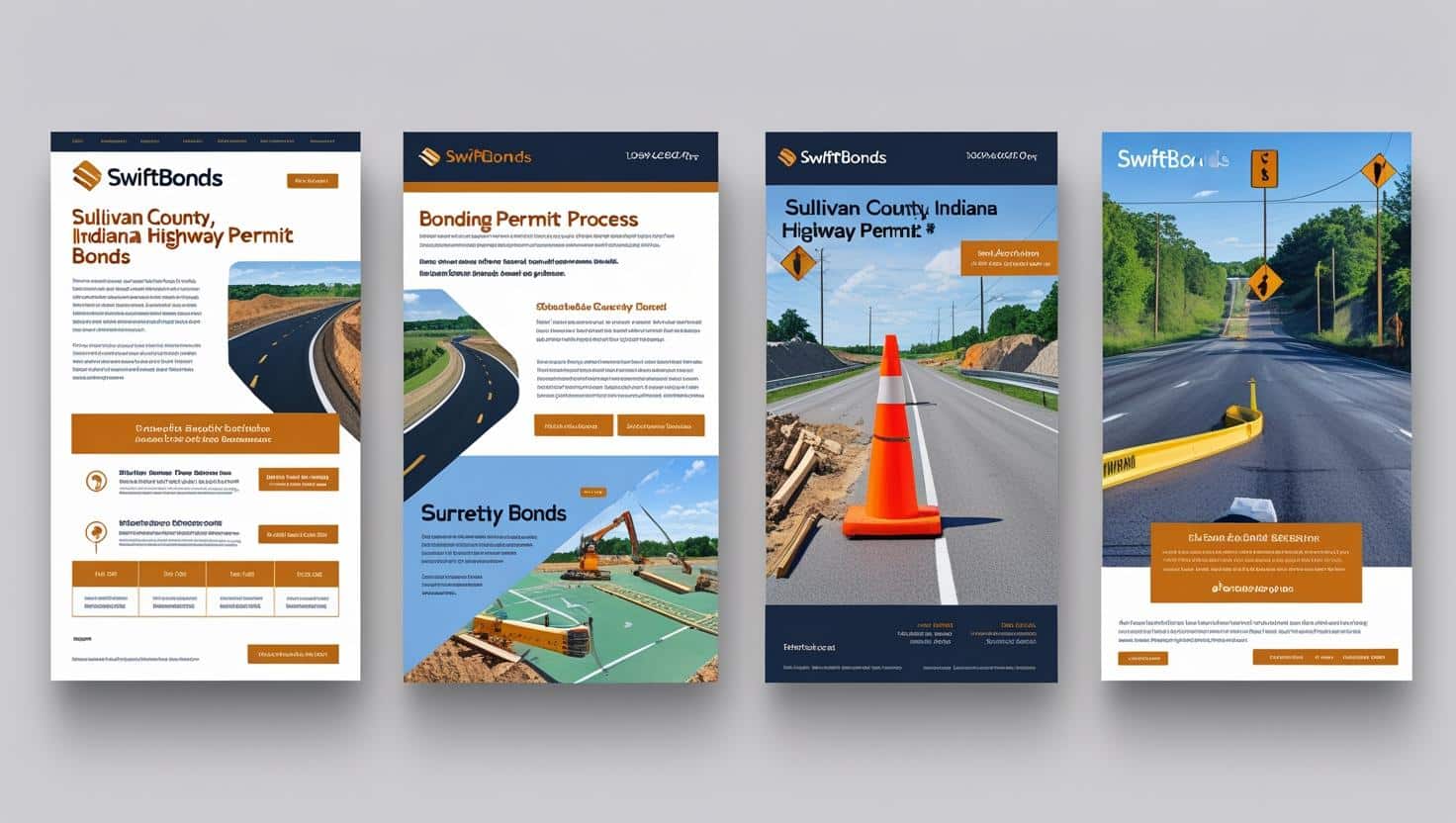 Set of posters showing Sullivan County, IN highway permit bond details with road construction visuals.