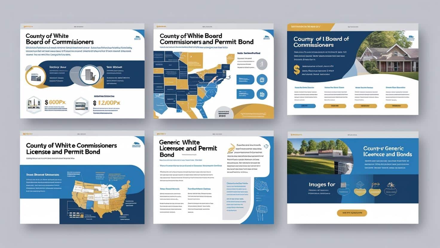 Visual guide with maps and charts on County of White license and permit bond coverage across states.