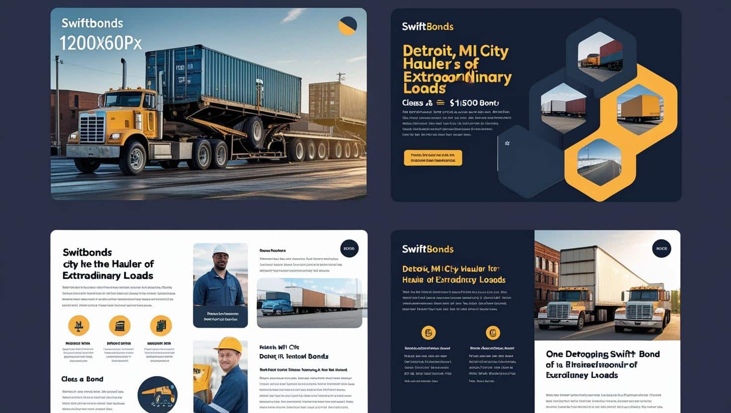Collection of SwiftBonds digital marketing designs showcasing Detroit MI city hauler bonds with truck imagery, hexagonal graphic elements, and bond service information at $1500 pricing.