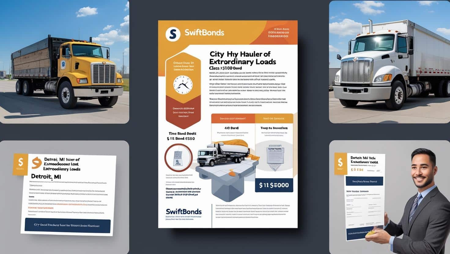 SwiftBonds marketing layout featuring city hauler bonds for extraordinary loads with real truck photos, bond pricing of $1500, and a professional businessman holding documentation.