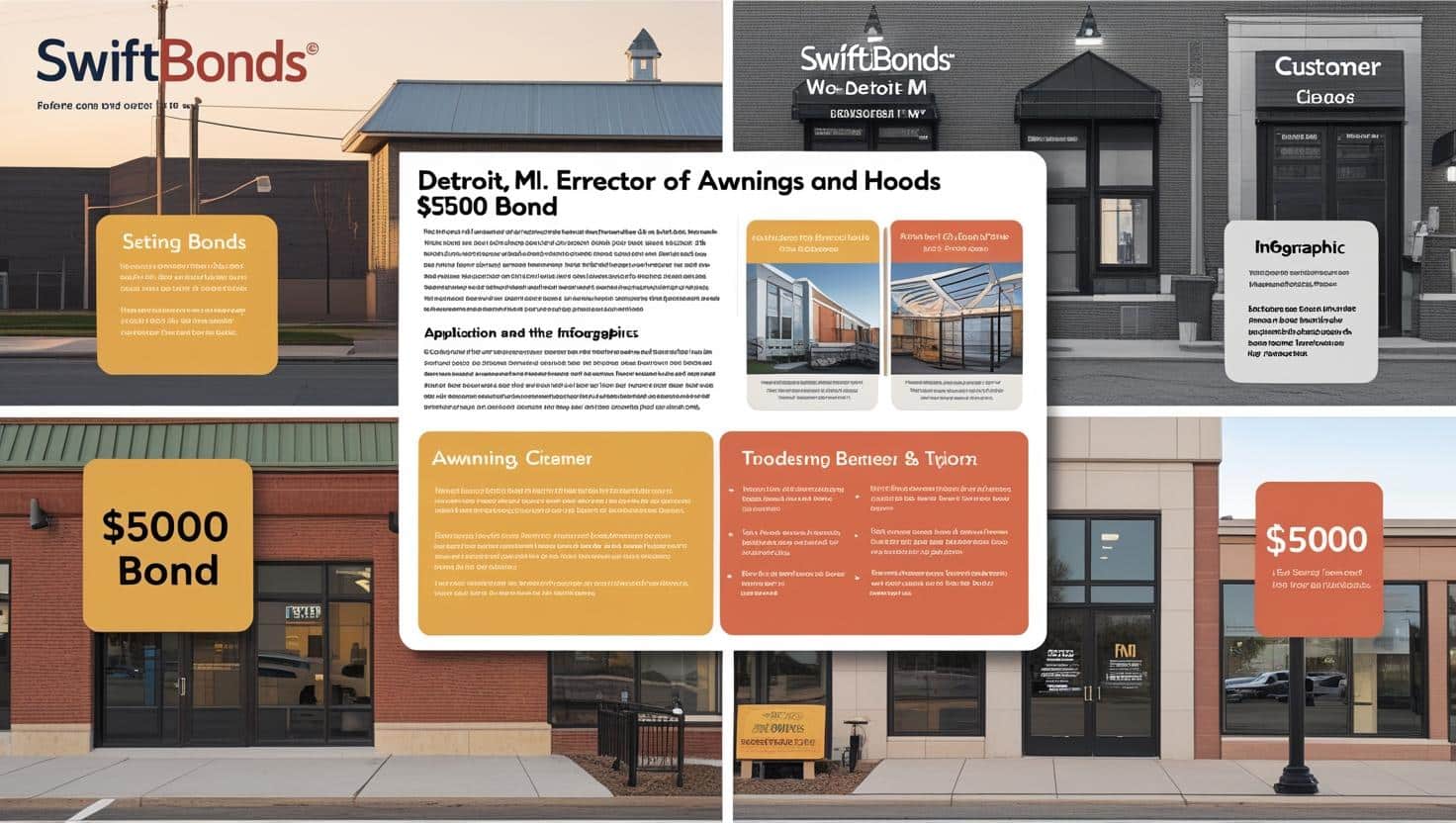 SwiftBonds marketing materials for Detroit MI erector of awnings and hoods 00 bond with storefront photos and application details.