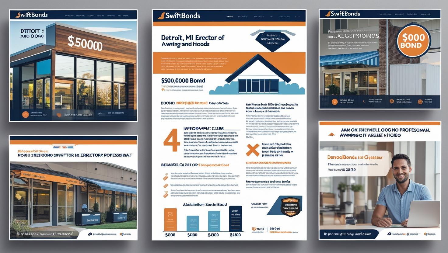 SwiftBonds website pages showcasing Detroit MI erector bonds with modern building photos and bond pricing information.