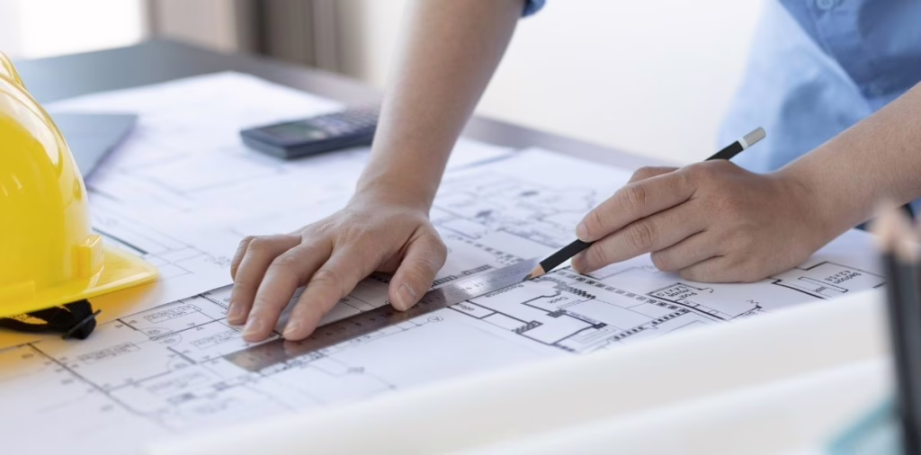 Contractor reviewing construction blueprints with ruler and hard hat for Emporia, KS general contractor bond services.