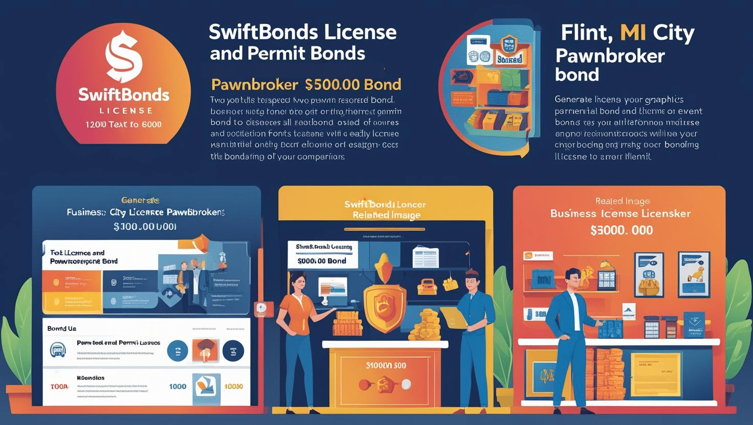 Flint, MI City Pawnbroker Bond infographic with SwiftBonds branding and licensing details.