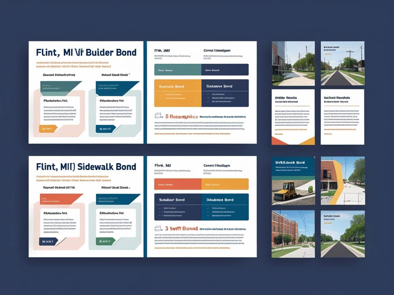 Informational graphics explaining Flint, MI sidewalk builder bond obligations and contractor compliance.