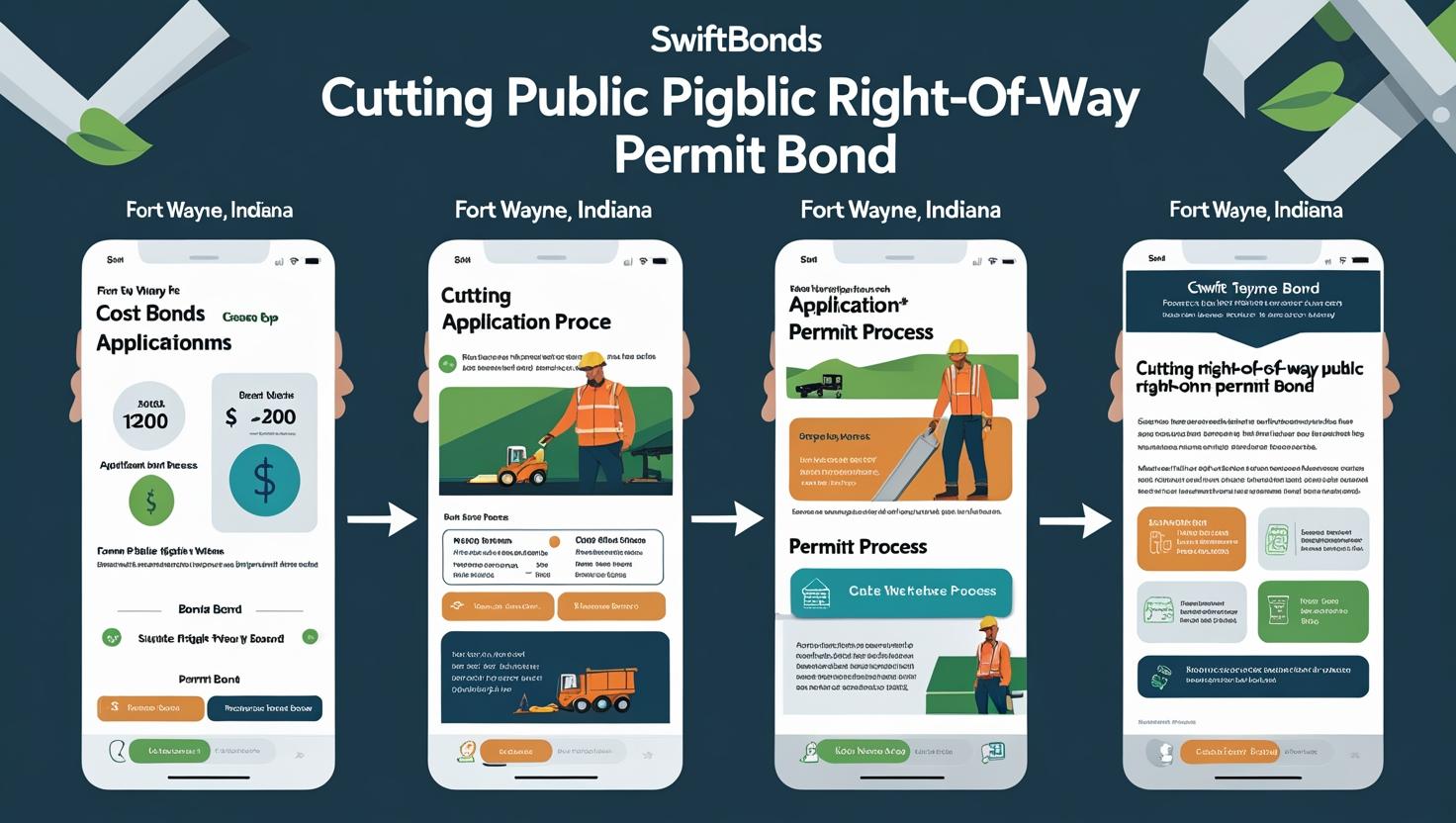 Step-by-step infographic of the Fort Wayne, IN cutting public right-of-way permit bond application process on mobile screens.