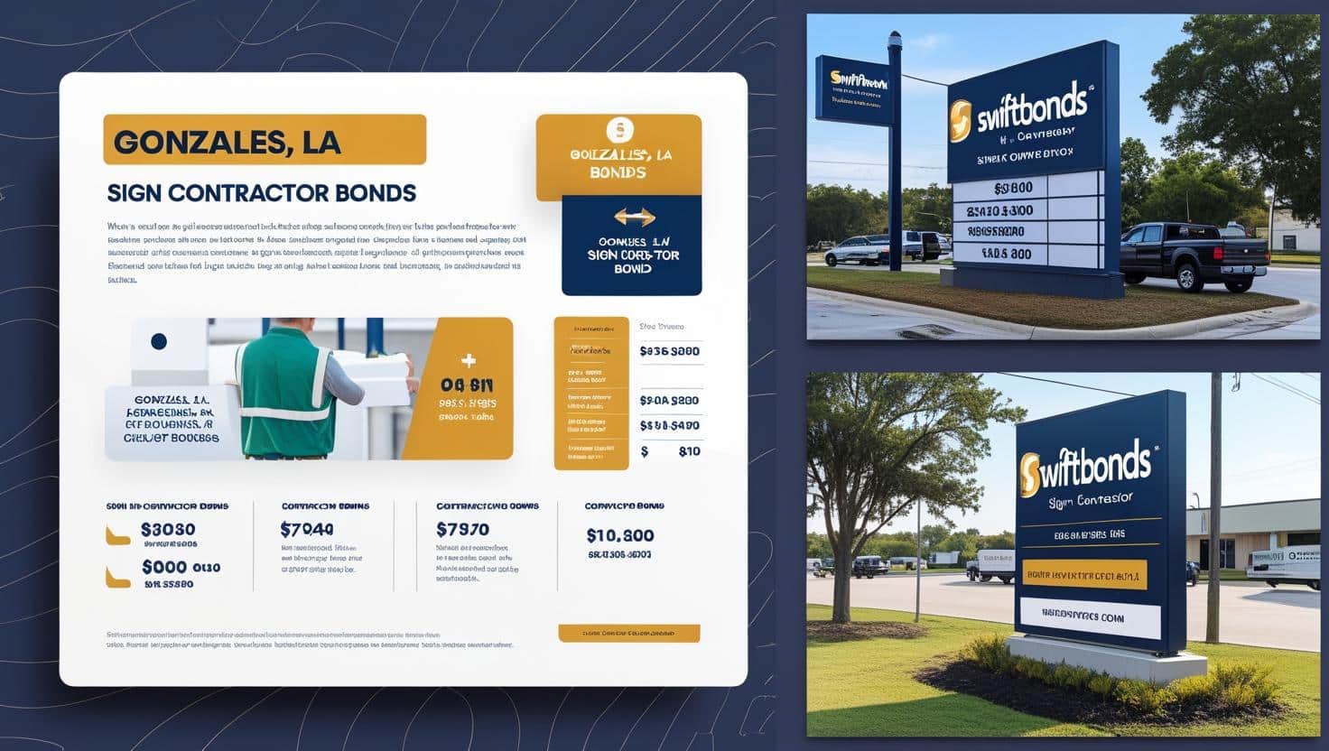 Swiftbonds signage and Gonzales LA sign contractor bond pricing details for contractors.