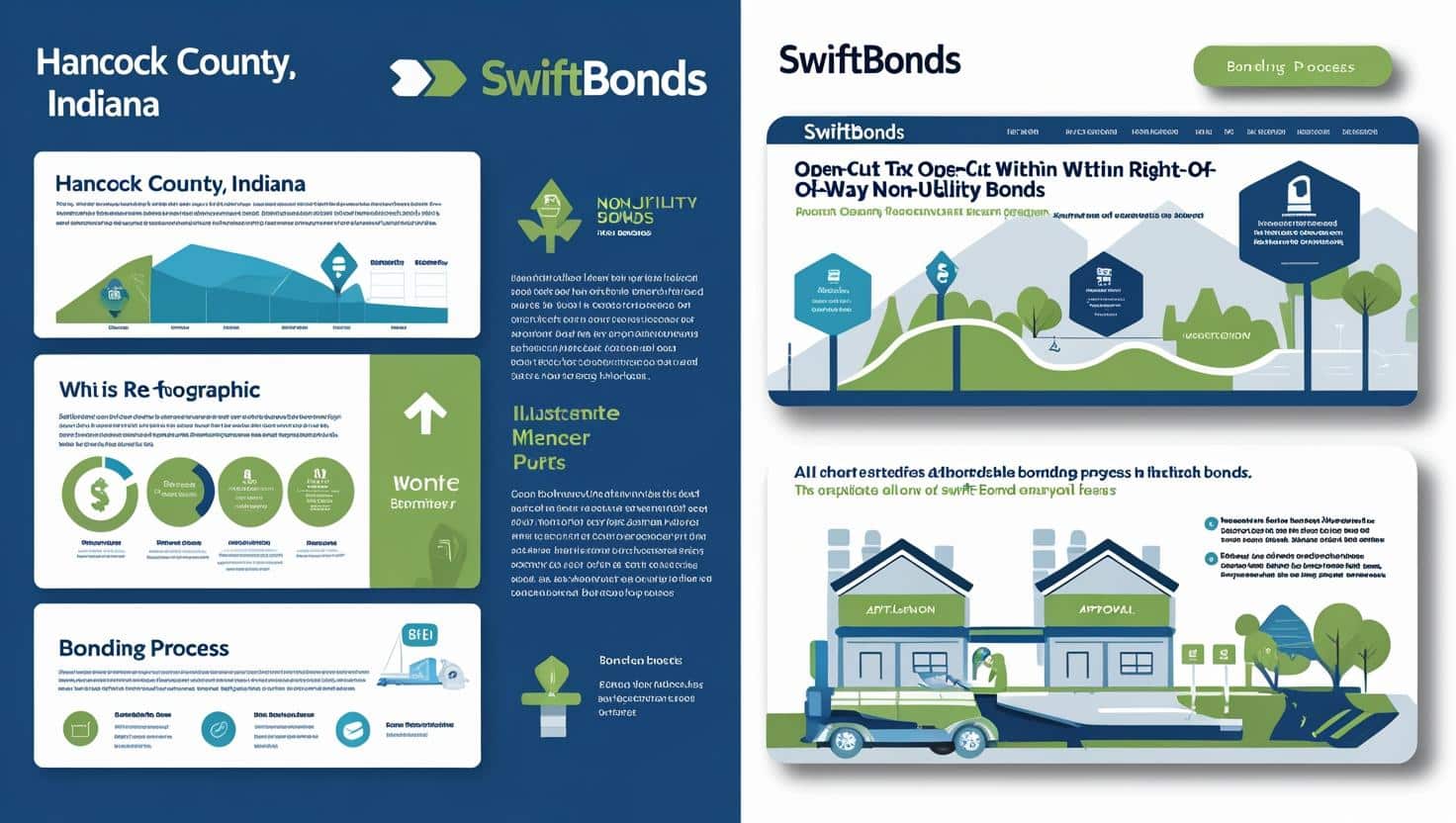 Illustrated infographic showing bonding process for Hancock County, IN Right-of-Way Non-Utility Bonds.