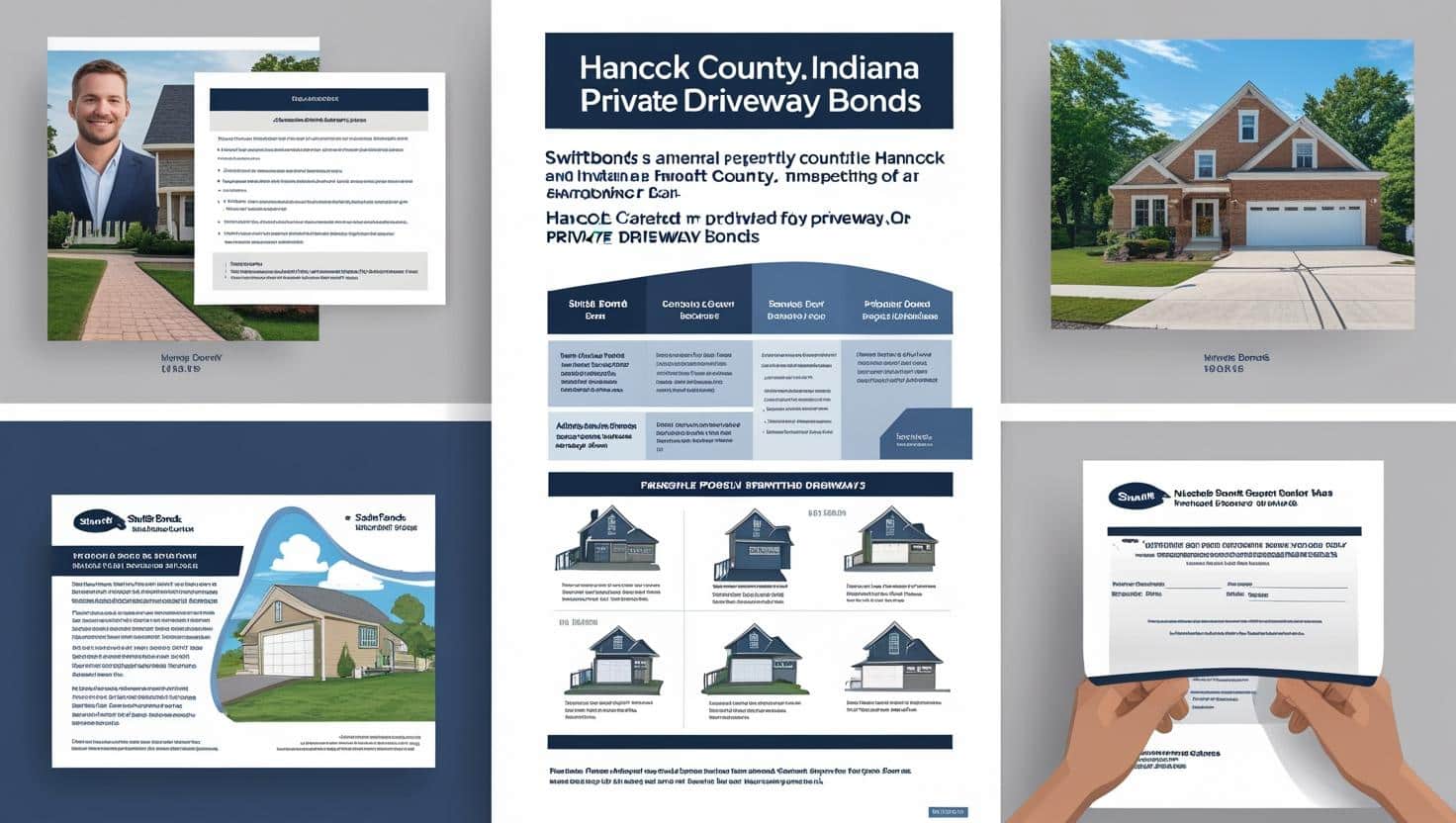 Hancock County, IN Private Driveway Bonds infographic with contractor compliance details and driveway construction visuals.