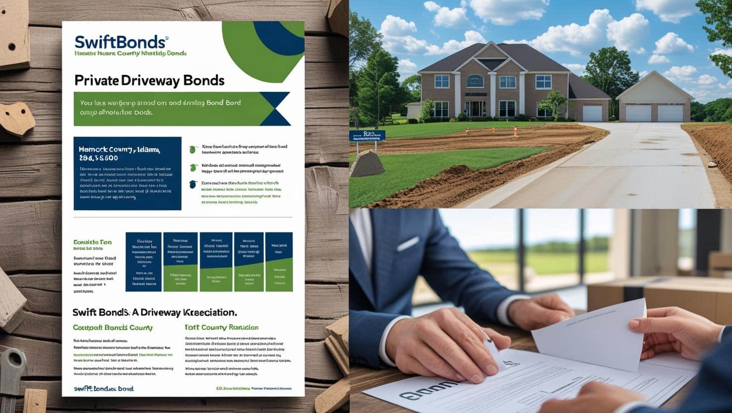 Swiftbonds Private Driveway Bonds flyer showcasing Hancock County bonding requirements and driveway installation process.
